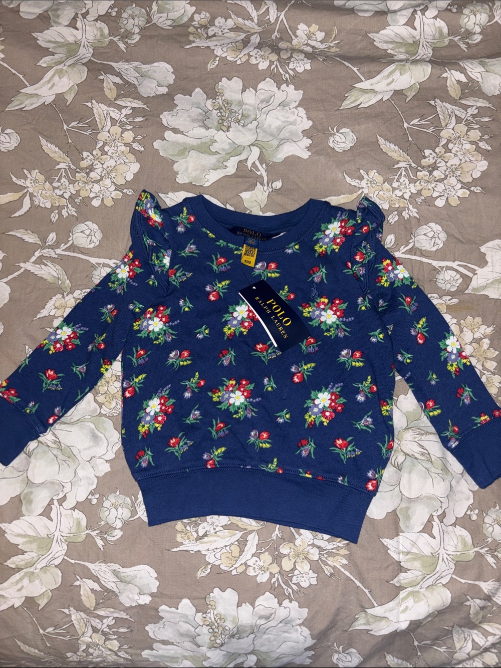 Ralph Lauren Navy Floral Girls Sweatshirt with Red & Green Accents